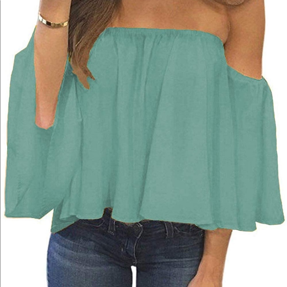 Bluetime Women Summer Off Shoulder Chiffon Blouse Short SleeveTop - Neo Mint (M)